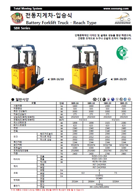 SOOSUNG（通稱帥成﹑水星﹑首星），前移式電瓶叉車 SBR-1600/1800/2000/2500
